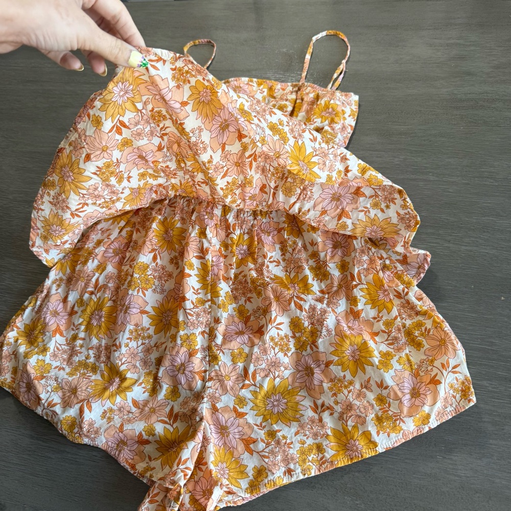 AEO Floral Orange Beige Romper Jumpsuit XS Tie Back - Picture 11 of 16